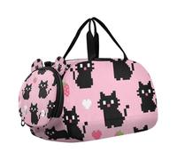 Un simpatico borsone per bambini con gatto nero pixel nero con scomparto per scarpe multifunzionale per bambini borsone da notte per viaggi, sport, fitness e allenamento