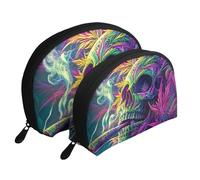 Un teschio psichedelico con fiori di marijuana stampati borse per il trucco 2 pezzi portatile Shell Travel Toiletry Bag, bianco, Taglia unica