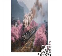 Un treno a vapore con fiori di ciliegio rosa sul fianco,Puzzle Per Adulti 38x26cm/1000pcs,Giochi Di Sfida