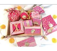 Un vassoio fatto a mano in broccato e pizzo Gotta, tessuto potli , broccato potli , nariyal, portamonete, busta contanti, scatola bangle , copertura sari, scatola per dolci (dimensioni medie) mahendi