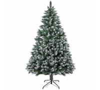Un vero albero di Natale artificiale, Albero di Natale artificiale da 6 piedi con rami verdi ricoperti di neve, base in metallo pieghevole in PVC