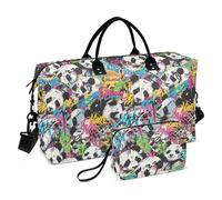 Un vivace e colorato motivo graffiti con vari disegni di panda, borsone da viaggio, borsa da viaggio per la notte, borsa da palestra con tracolla regolabile per viaggi di lavoro impermeabile