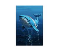 Una balena blu salta fuori dal mare, la sua pancia che riflette un doppio arcobaleno, con pesci luminosi nascosti tra le onde, decorazione da parete alla moda - poster artistico da appendere e murale