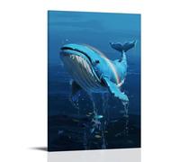 Una balena blu salta fuori dal mare, la sua pancia che riflette un doppio arcobaleno, con pesci luminosi nascosti tra le onde, decorazione da parete alla moda, poster artistico da appendere e mural40