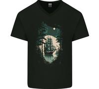 Una Barca A Vela Nella Luce Della Luna Maglietta In Cotone A V-Collo Per Uomo