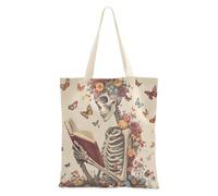 Una borsa tote in tela con stampa di scheletro con fiori e farfalle, misura media, riutilizzabile, con tasche, per palestra, lavoro, shopping, 40,6 x 38,1 cm, essenziale per la scuola