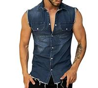 Una camicia da uomo - Giacca in jeans vintage aderente da uomo senza maniche e giacca in jeans da mestiere tessitura T Shirts da uomo, blu, L