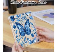 Una custodia protettiva con motivo a fiori e farfalle blu, adatta per Kobo Clara Color/BW 2024, Kobo Clara 2E, Kobo Libra Color 2024, Kobo Libra 2, creativa, carina, elegante e bella, in materiale TPU