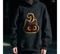 Una felpa con cappuccio nera per ragazze. Caratterizzata da una stampa di un gatto nero con grandi occhi, il design è accattivante e bellamente evidenziato, perfetto per lo sport casual, le attività s