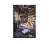 Una libreria fatiscente all'alba, oli stratificati che rivelano storie in vernice e polvere. Decorazione da parete moderna da appendere, stampa artistica murale 20 x 30 cm