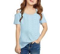 Una maglietta casual a maniche corte a tinta unita con spalline per e ragazze da 5 a 14 anni a maniche lunghe, Azzurro, 9-10 Jahre