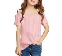 Una maglietta casual a maniche corte a tinta unita con spalline per e ragazze da 5 a 14 anni a maniche lunghe, Colore: rosa., 11-12 Jahre