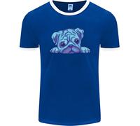 Una Maglietta Ringer A Maniche Corte Pug Uomo In Acquerello Blu FotL
