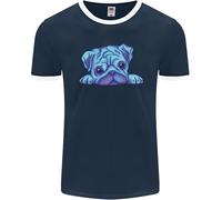 Una Maglietta Ringer A Maniche Corte Pug Uomo In Acquerello Blu FotL