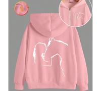 Una ragazza che bacia la testa di un cavallo. Felpa con cappuccio, comoda e versatile, con cerniera, imbottita in cotone, con spalle scese, per ragazzi e ragazze, dallo stile creativo e casual minimal