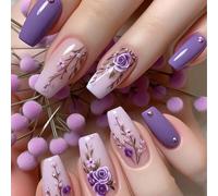 Una scatola di 24 unghie quadrate medie, con sfumatura di viola e viola chiaro con un design floreale romantico di rose, set di unghie finte con lima e colla gel, adatto a tutte le donne, che mostra u