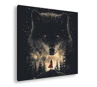 Una scena mistica: Cappuccetto rosso davanti a un enorme lupo scuro, profondo in una foresta stellata Formato: 70 x 70 cm come tela incorniciata su telaio in vero legno, stampa digitale di alta