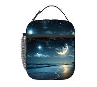 una scena notturna una spiaggia e la luna e le stelle il cielo sopra l'acqua Borsa termica per pranzo per uomo e donna Grande contenitore termico portatile impermeabile riutilizzabile con tasch