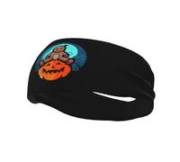 Una simpatica bambola voodoo di Halloween seduta su una zucca, fasce per capelli da uomo e da donna, antiscivolo, traspirante, per palestra, basket, yoga.