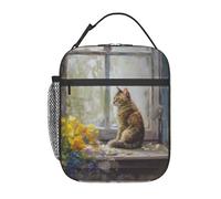 Una simpatica borsetta termica riutilizzabile con un gattino arancione davanti alla finestra - Piccola borsa frigo a prova di perdite, carina e capiente, ideale per uomini e donne al lavoro, picnic