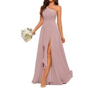 Una spalla abiti da damigella d'onore per matrimonio chiffon pieghettato formale sera partito maxi abito con fessura AH116, Rosa polvere, 42