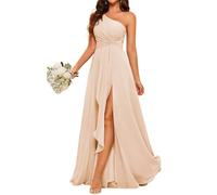Una spalla abiti da damigella d'onore per matrimonio chiffon pieghettato formale sera partito maxi abito con fessura AH116, Pesca, 38