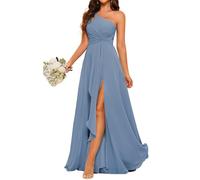 Una spalla abiti da damigella d'onore per matrimonio chiffon pieghettato formale sera partito maxi abito con fessura AH116, Blu acciaio, 50