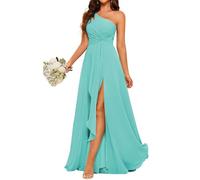 Una spalla abiti da damigella d'onore per matrimonio chiffon pieghettato formale sera partito maxi abito con fessura AH116, Turchese, 40