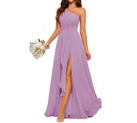 Una spalla abiti da damigella d'onore per matrimonio chiffon pieghettato formale sera partito maxi abito con fessura AH116, Viola polvere., 38