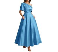 Una spalla in raso madre della sposa abito da sera formale lunghezza tè, Blu, 64