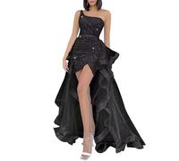 Una spalla paillettes ritorno a casa abiti scintillante corto Prom Dress per adolescenti con tulle staccabile treno YIAX143, Nero , 40