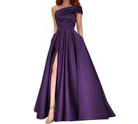 Una spalla raso Prom Dress con fessura lungo abiti da sera per le donne formale con tasche una linea abito da festa di nozze, Uva, 44