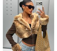 Una versatile giacca invernale da donna 2-in-1 per uso esterno che incarna perfettamente l'estetica Y2K, combinando pelliccia sintetica con un design a pannelli con stampa a macchie di cerbiatto. L,M,
