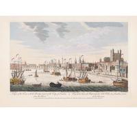 Una vista della torre con il ponte e parte della città di Londra dal fiume. Da un'incisione di J.M. Muller datata 1753 dopo un'opera di Jacob Maurer. Colorazione successiva. Stampa poster di Ken Welsh
