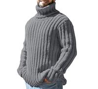 unbekannt Maglione invernale da uomo, con collo alto, in lana lavorata a maglia, con colletto in pelliccia, grigio., L