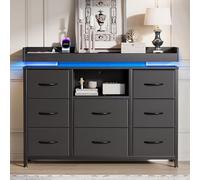 UnboxGermany Cassettiera a 8 cassetti con LED e prese, mobile portaoggetti camera da letto con USB e Type-C, cassettiera in tessuto su telaio in metallo, gambe regolabili (nero, 108 × 30 × 82 cm)