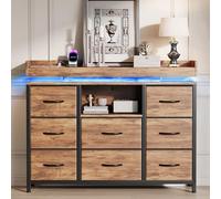 UnboxGermany Cassettiera a 8 cassetti con LED e prese, mobile portaoggetti camera da letto con USB e Type-C, cassettiera in tessuto su telaio in metallo, gambe regolabili (finitura legno, 108 × 30 ×