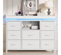 UnboxGermany Cassettiera a 8 cassetti con LED e prese, mobile portaoggetti camera da letto con USB e Type-C, cassettiera in tessuto su telaio in metallo, gambe regolabili (bianco, 108 × 30 × 82 cm)