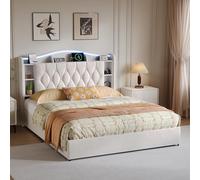 UnboxGermany Letto 140 x 190 cm con rete a doghe e ripostiglio, letto baule con porta USB di tipo C, luce LED, velluto - beige