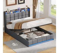 UnboxGermany Letto 160 x 200 cm con rete a doghe e ripostiglio, letto baule con porta USB di tipo C, luce LED, lino - grigio