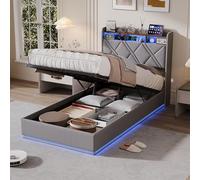 UnboxGermany Letto 90 x 200 cm con rete a doghe e ripostiglio, letto baule con porta USB di tipo C, luce a LED, testiera con deposito, lino grigio