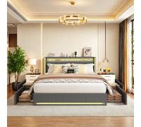 UnboxGermany Letto imbottito 140 x 190 con rete LED e USB, letto matrimoniale con 4 cassetti e ampio stoccaggio, letto matrimoniale, lino, grigio, (senza materasso)