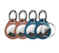 UNBREAKcable 4 Pezzi Custodia per Airtag Apple con Anello Portachiavi, Porta Airtag in Silicone Lavabile - [ Anti-Smarrimento, Anti-Graffio, Cappuccio Protettivo Extra ] - Marrone e Blu