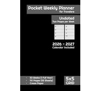 Undated Pocket Weekly Planner, 5x5 mm Grid Format, Black Cover: Cream Paper | 52/53 Weeks for Entire Year | Two Pages per Week | Calendar Included | Size 4 x 6 inches (10.16 x 15.24 cm) | 112 Pages