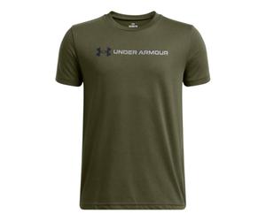 Under Armour Bambino Logo Wordmark Short Sleeve, Maglietta Manica Corta Morbida e Traspirante per Sport e Tempo Libero, T-Shirt Sportiva Leggera con Stampa Grafica,Marine OD Green/Black/Steel,YMD