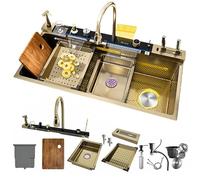 Under-mount or countertop single-bowl stainless steel sink with drain basket, cutting board, vegetable sink, and multi-function pull-out faucet (golden, 100x50) (Golden, 100x50)