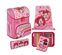Undercover Set di 5 zaini per la scuola, per ragazze di 1° grado, con contenuto personalizzato, astuccio per la scuola elementare, motivo Scooli, Minnie Mouse (fiori di rosa), Set per la scuola
