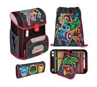 Undercover Set di 5 zaini per la scuola, per ragazze di 1° grado, con contenuto personalizzato, astuccio per la scuola elementare, motivo Scooli, Avengers (nero/rosso), Set per la scuola
