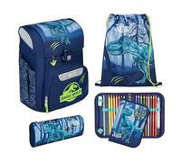 Undercover Set di 5 zaini per la scuola, per ragazze di 1° grado, con contenuto personalizzato, astuccio per la scuola elementare, motivo Scooli, Jurassic World (blu/verde), Set per la scuola