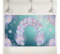 Underwater Shell-E-Brate - Sfondo decorativo a tema sirena, corallo oceano, sfondo fotografico blu pastello per feste di compleanno, celebrazioni estive, 180 x 109 cm